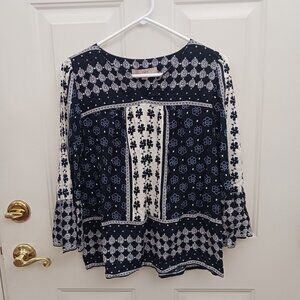LOFT Peasant Blouse Floral Blue Black White Size XS New Popover Blouse